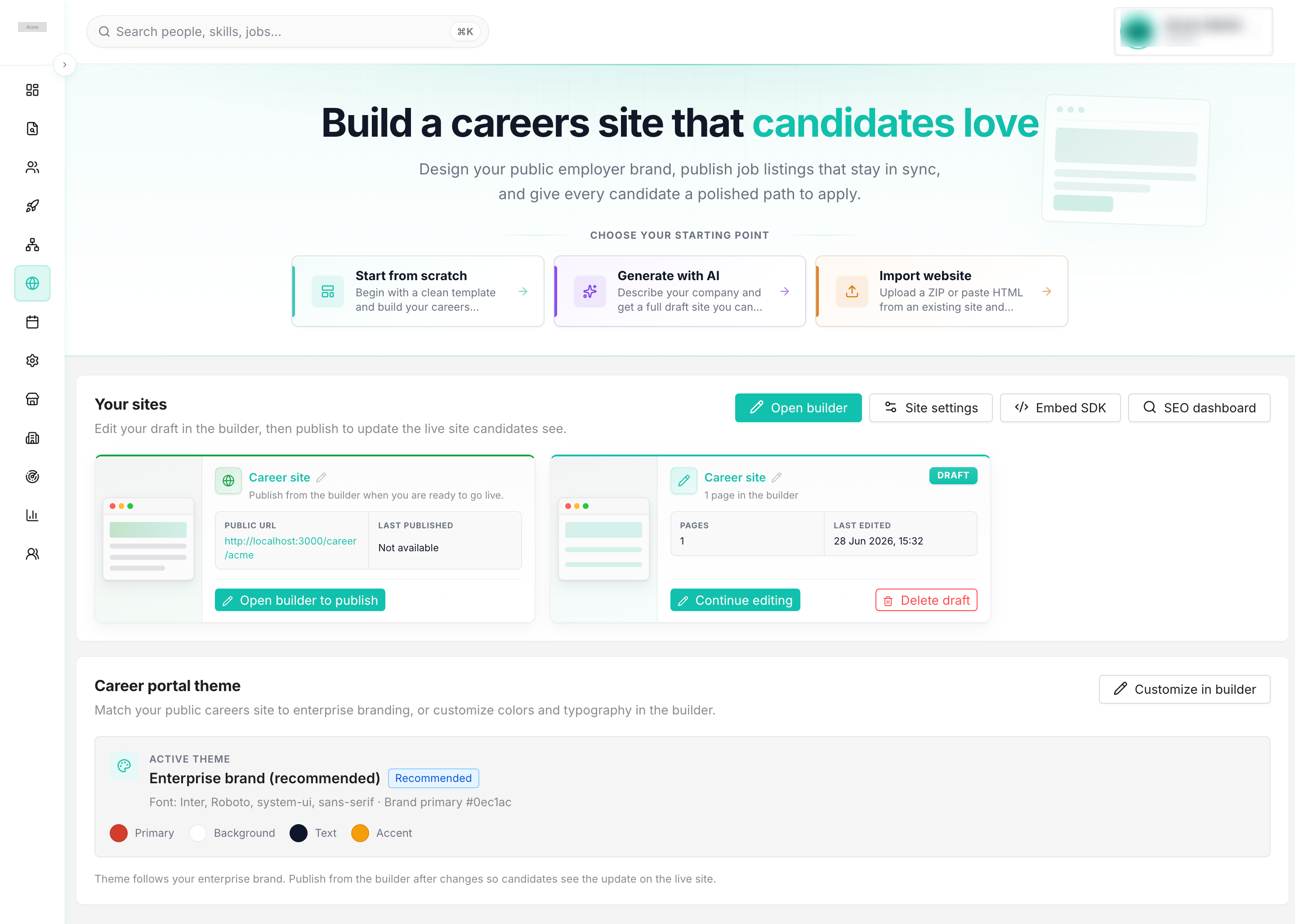 Workature branded career site builder with white-labelled job listings, themes, and publish workflows.