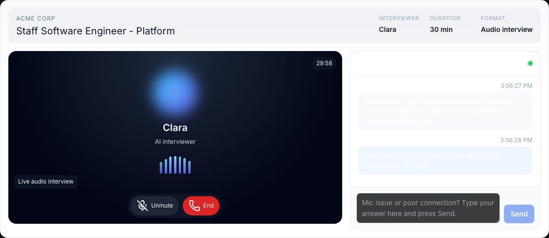 Candidate AI screening interview with Clara and a live transcript panel during an active session.