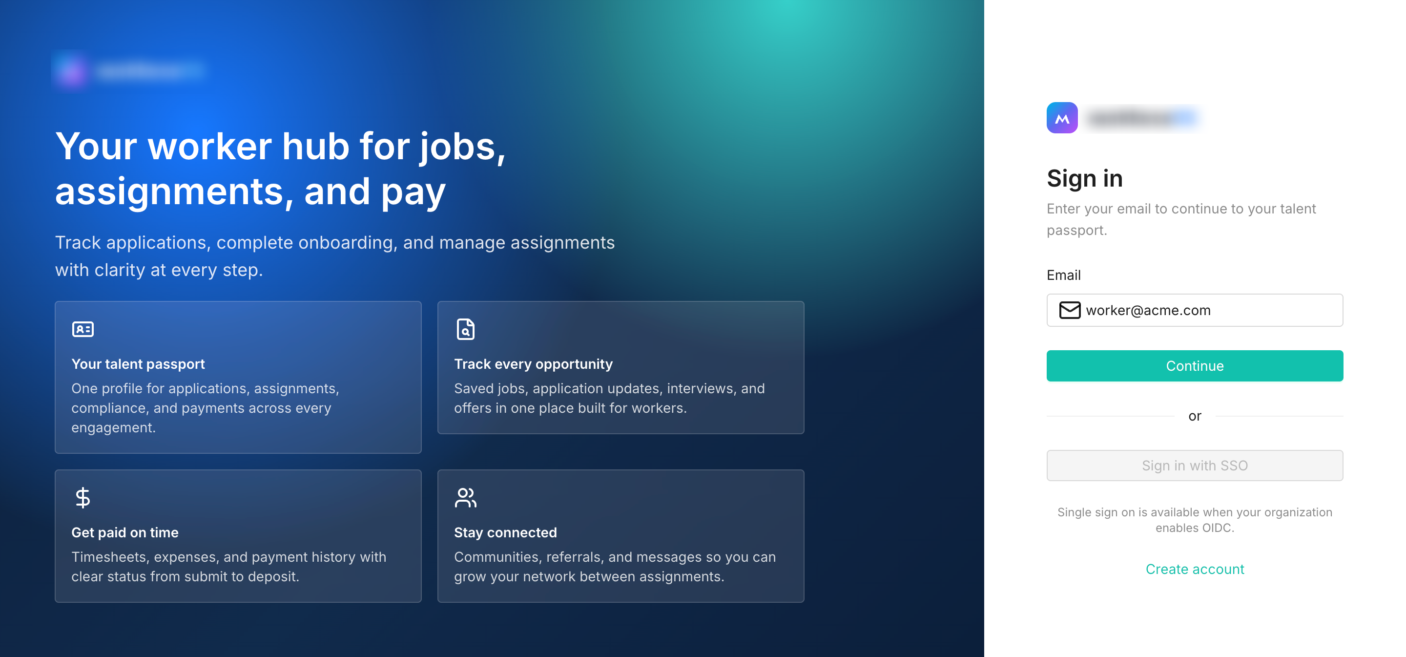 Workature candidate talent passport landing with profile, applications, and opportunity tracking.