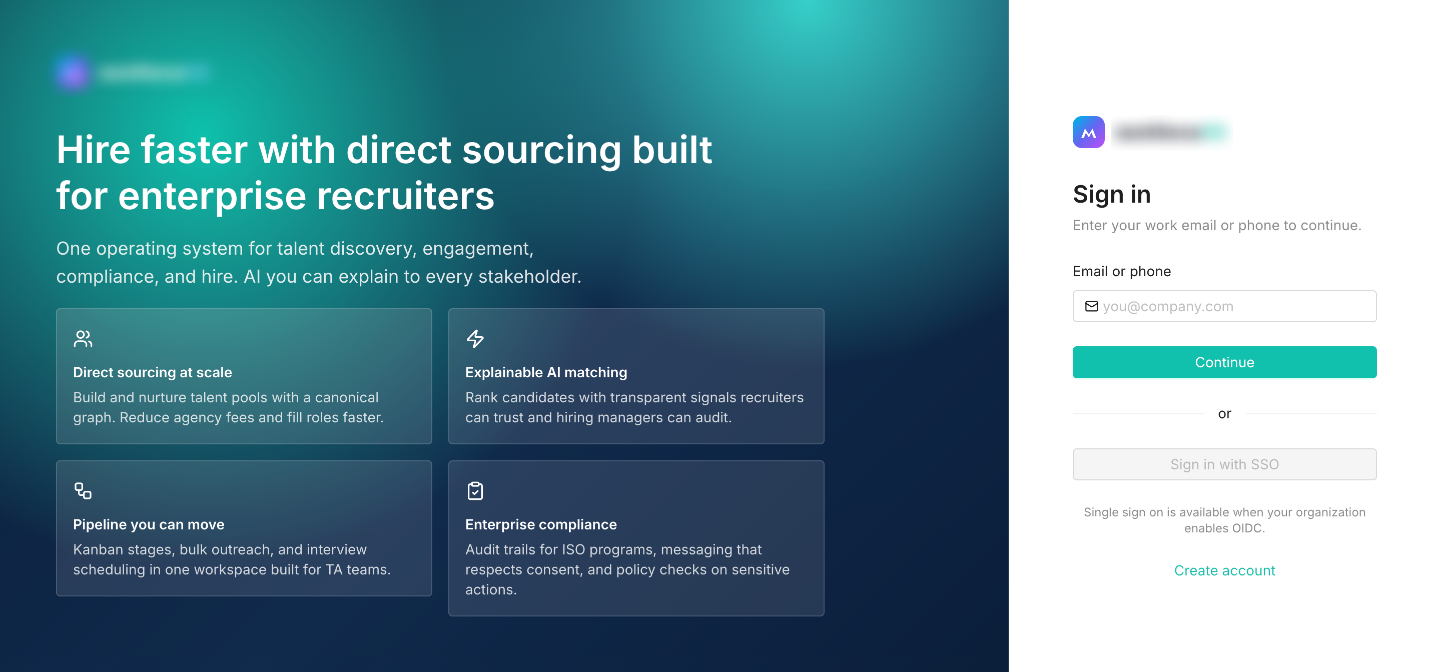 Workature enterprise login page with secure sign-in for talent teams.